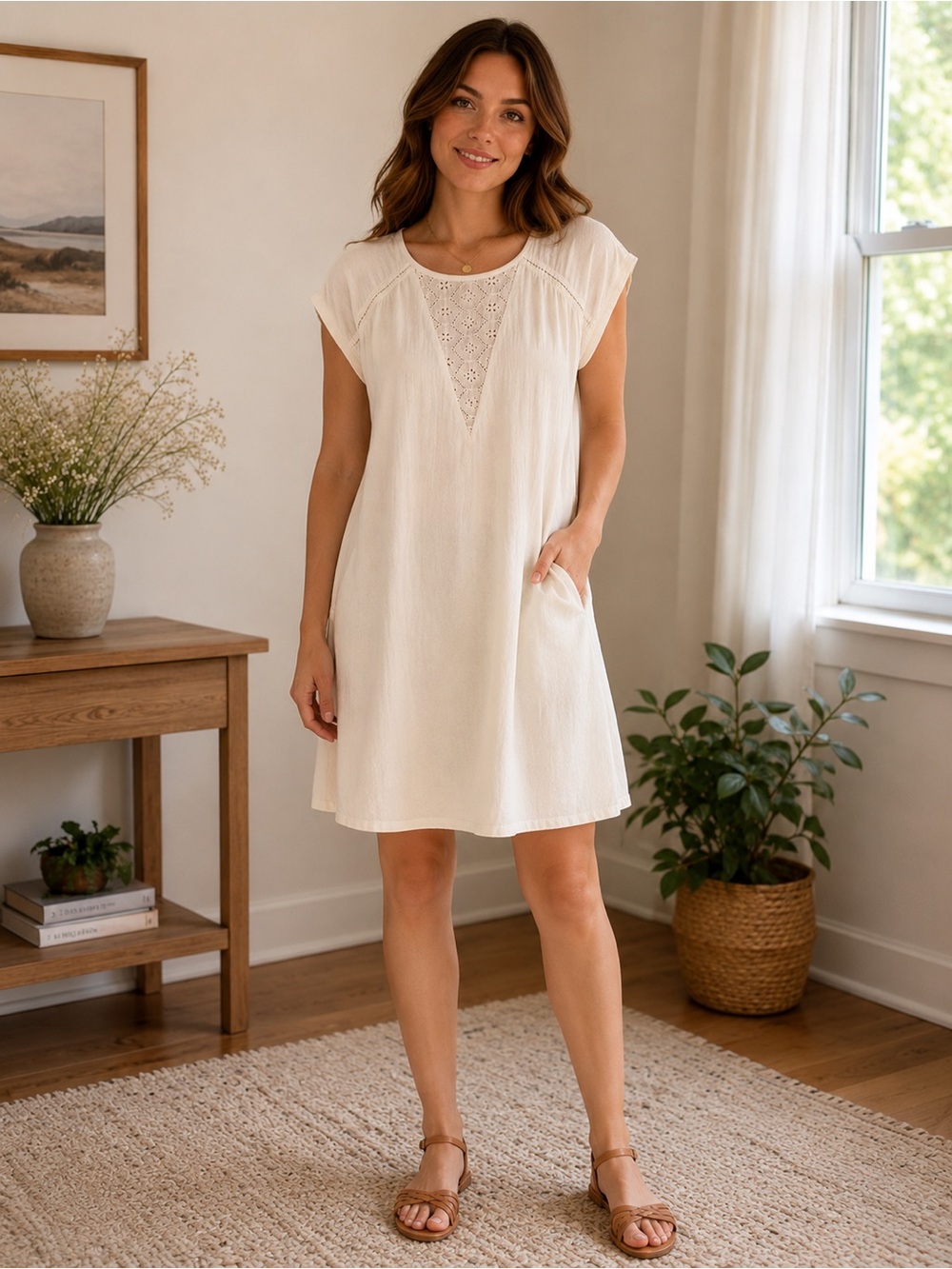 Roxy White Embroidered Short Sleeve Dress w/ Pockets